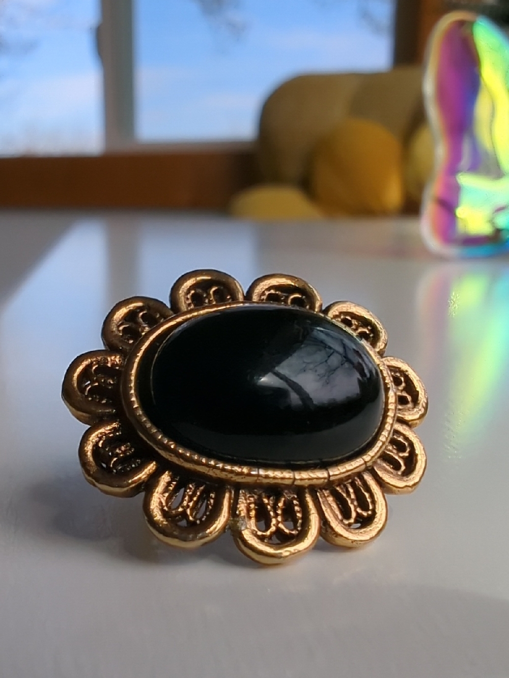 Vintage "Tacoa" Black Enamel Cabochon Gold Tone Floral Brooch